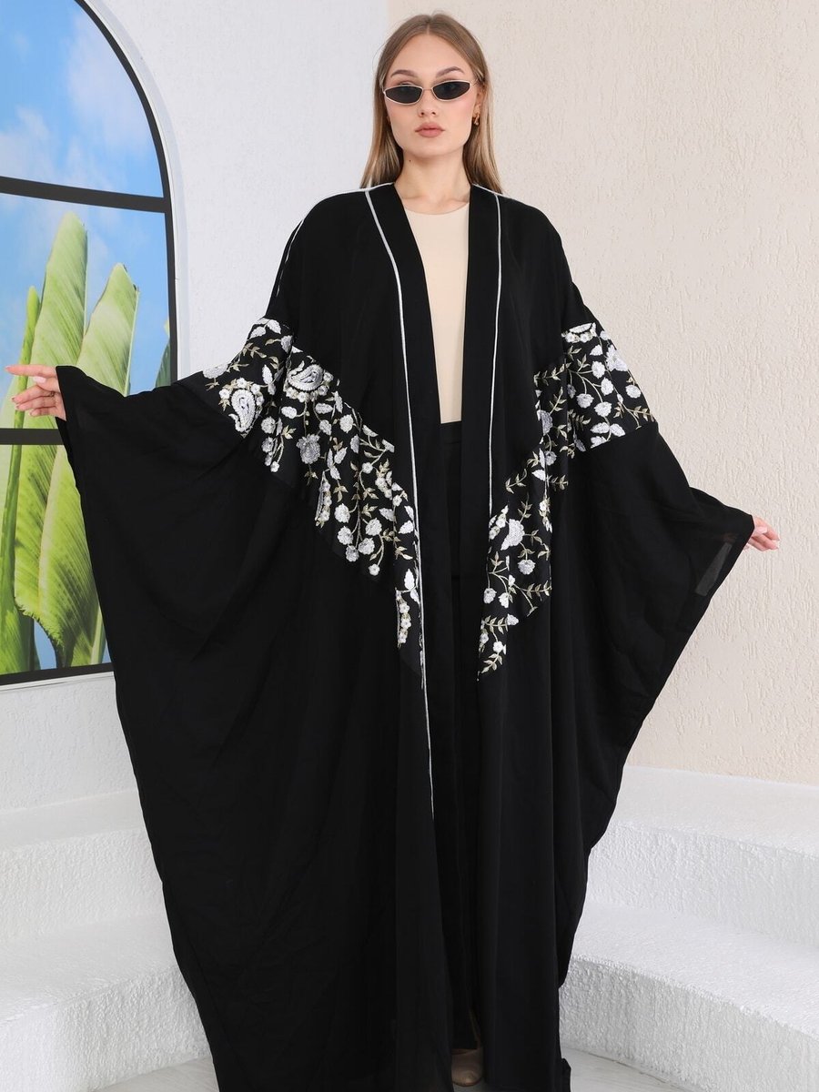 Rüya Gül Butik Ipek Krep Abaya Çiçek Desenli Nakış Işlemeli