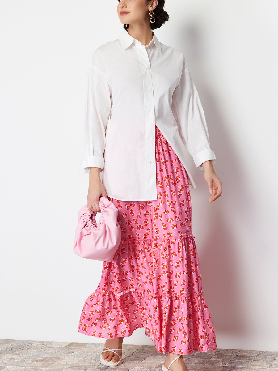 Trendyol Modest Pembe Çiçek Desenli Dokuma Etek