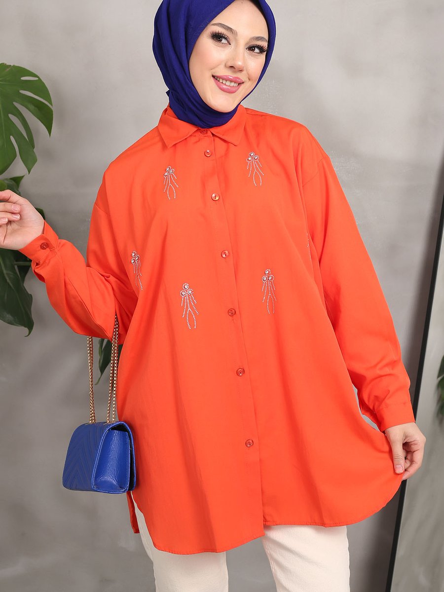 İmajbutik Orange Taşlı Yan Yırtmaçlı Terikoton Gömlek