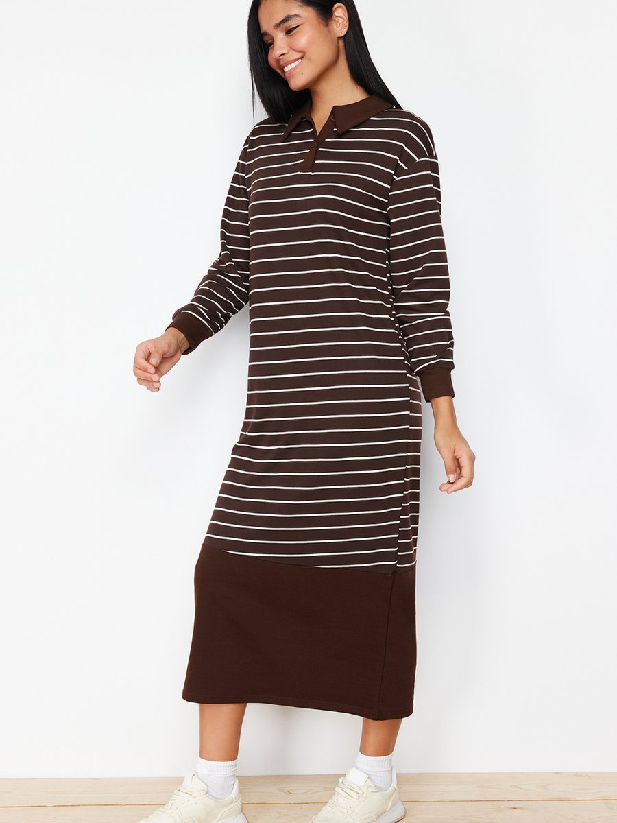 Trendyol Modest Kahverengi Çizgili Polo Yaka Örme Elbise