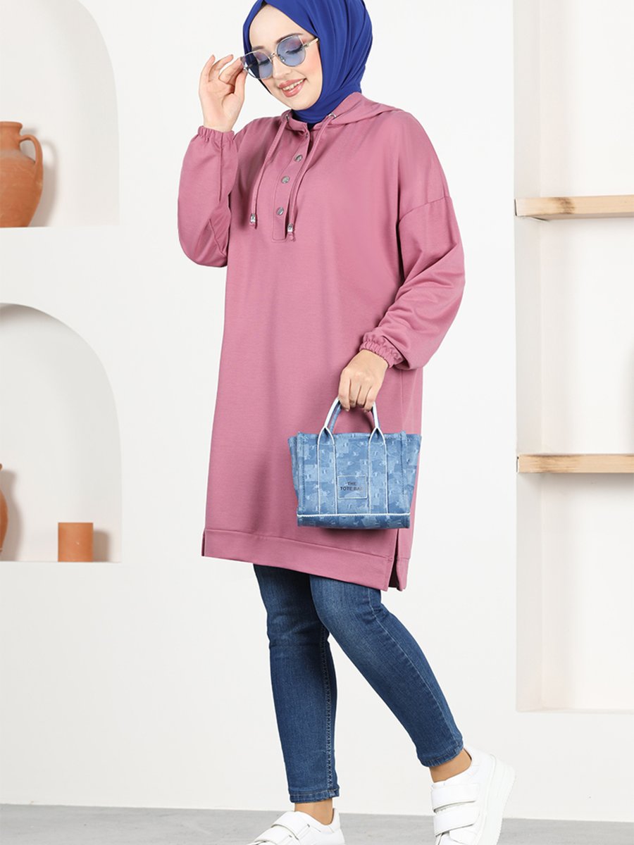 Modamerve Kapüşonlu Tunik Gül Kurusu
