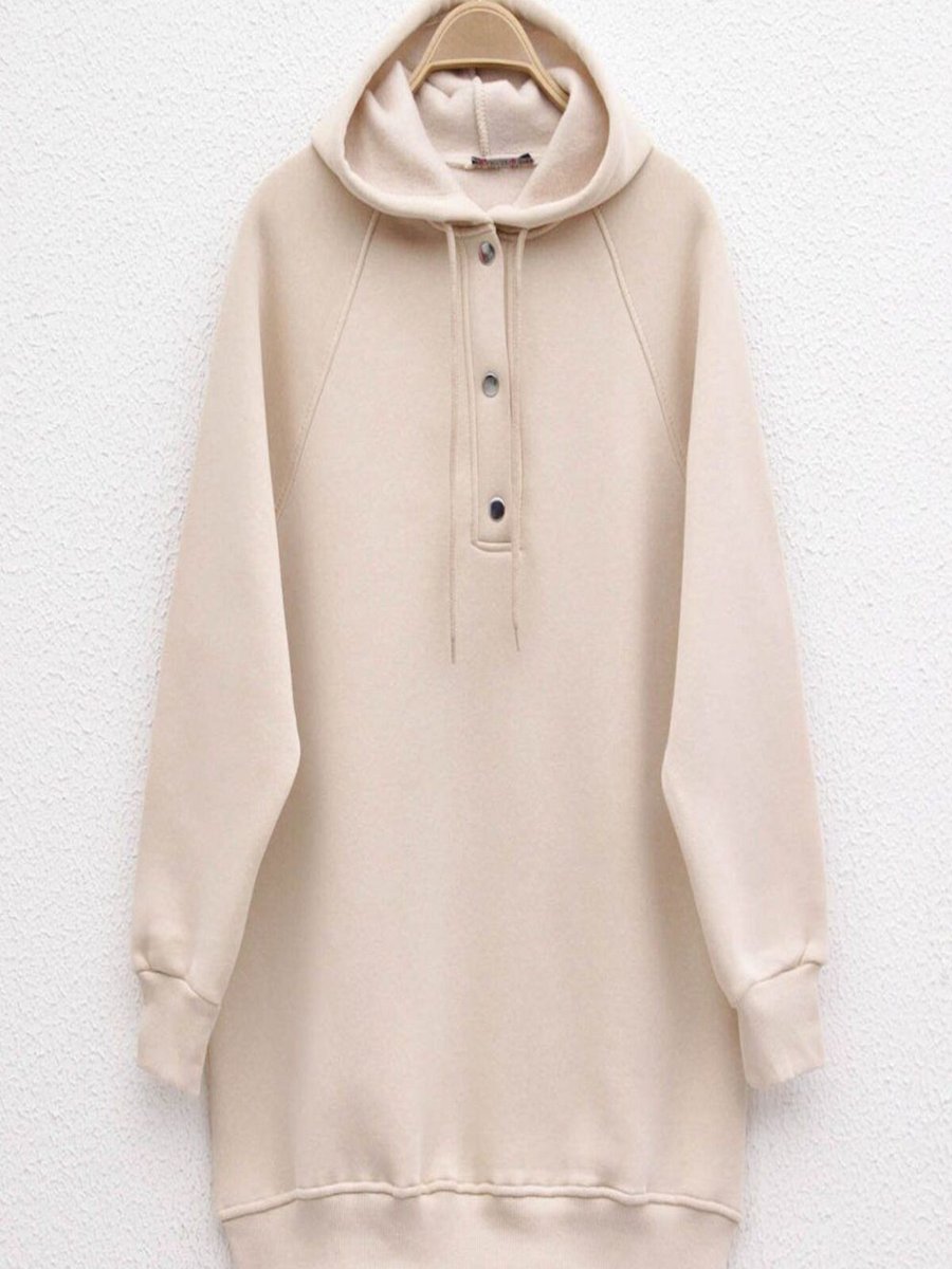 Qalina Life Kadın Tunik İplik Boy Cm Çıtçıtlı Polar Sweatshirt
