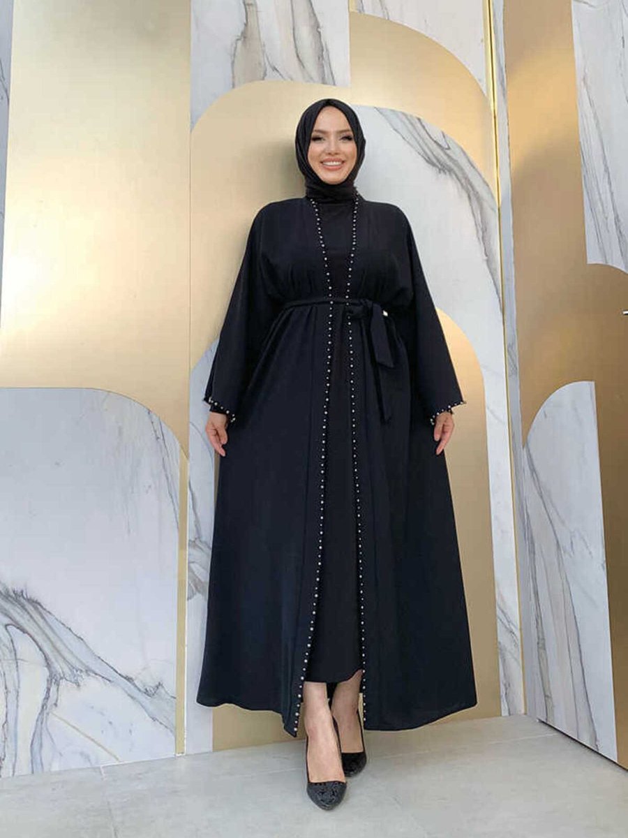 Bym Fashion İnci Detay Kuşaklı Abaya Siyah