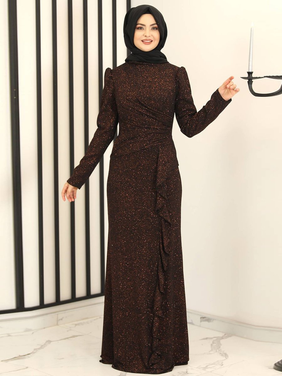 Fashion Showcase Design Eteği Volan Asil Abiye Elbise Bronz Rengi