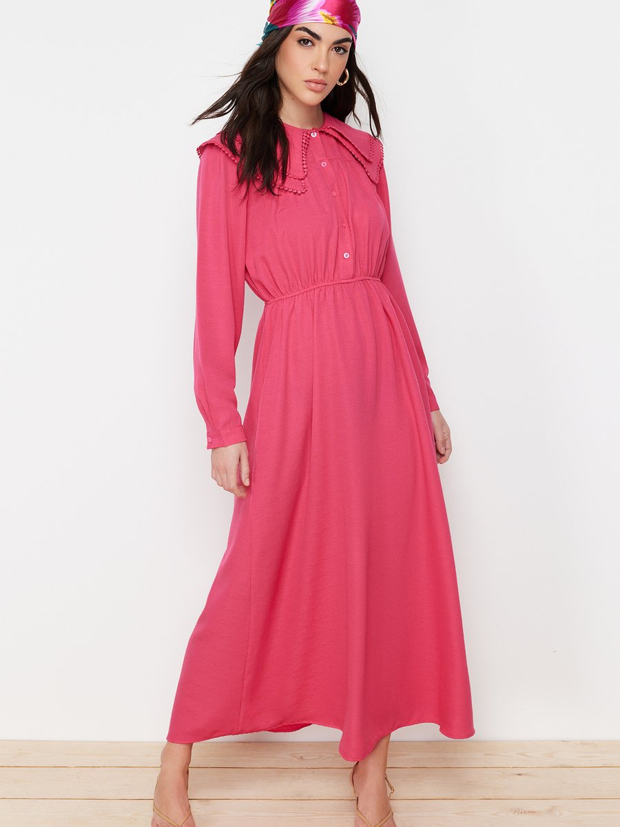 Trendyol Modest Fuşya Bebe Yakalı Keten Görünümlü Dokuma Elbise