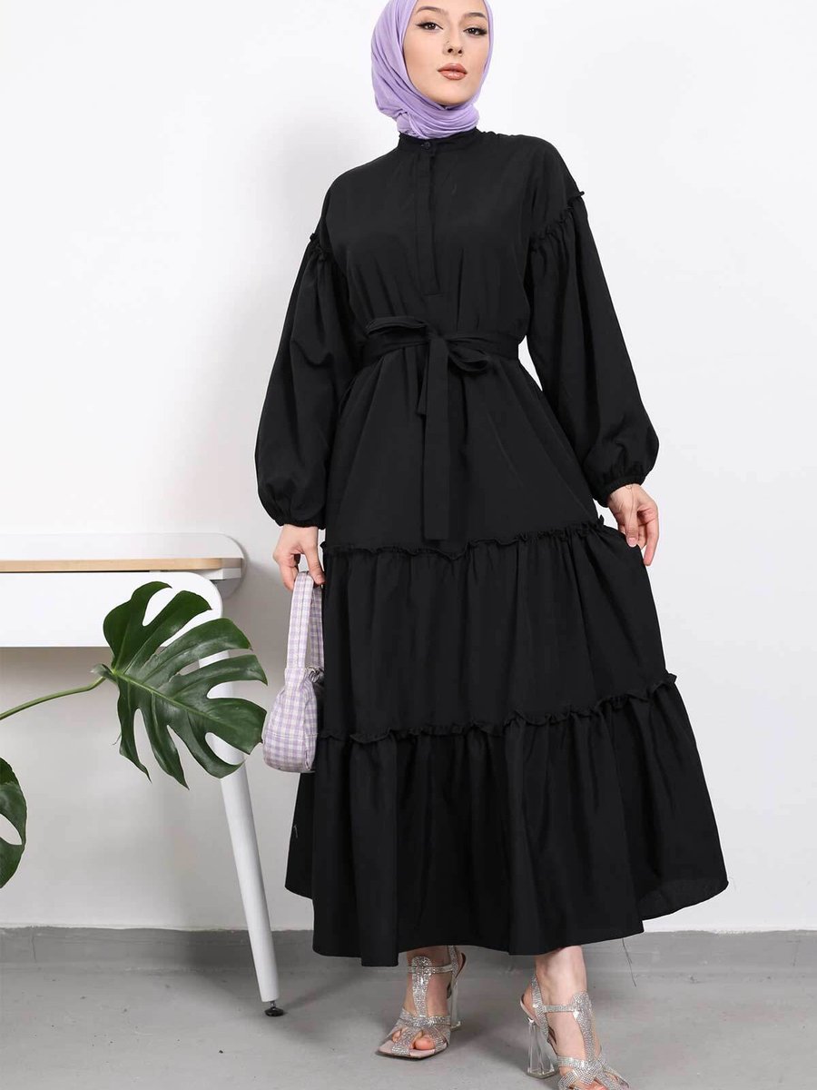 İmajbutik Siyah Balon Kol Eteği Katlı Elbise