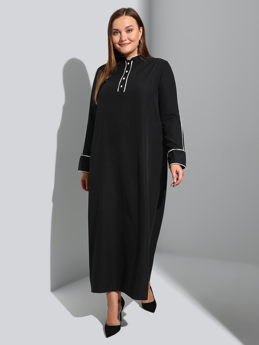 Alia Siyah Büyük Beden Biye Detaylı Elbise