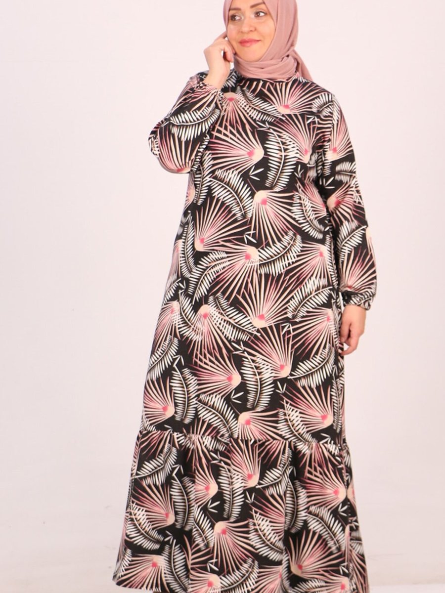 Moda Rosa Palmiye Desen Pembe Büyük Beden Eteği Fırfırlı Kristal Elbise