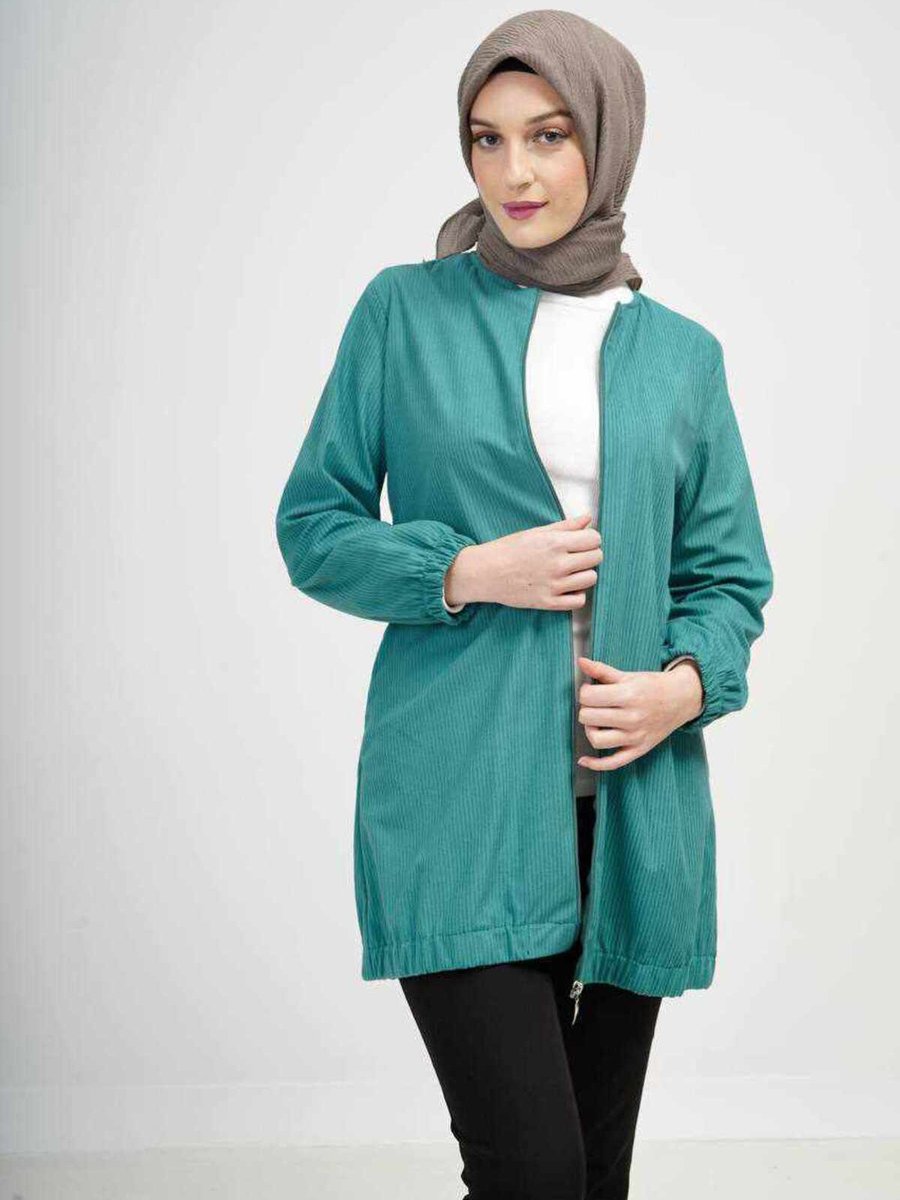 Night Blue Rahat Fermuarlı Mevsimlik Kap Tunik Kadife Yeşil