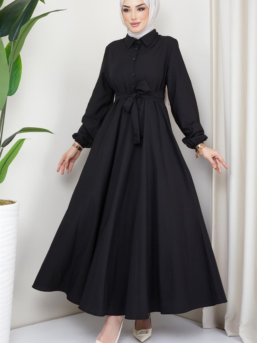 Hafsamina Kuşaklı Mevlana Elbise Siyah