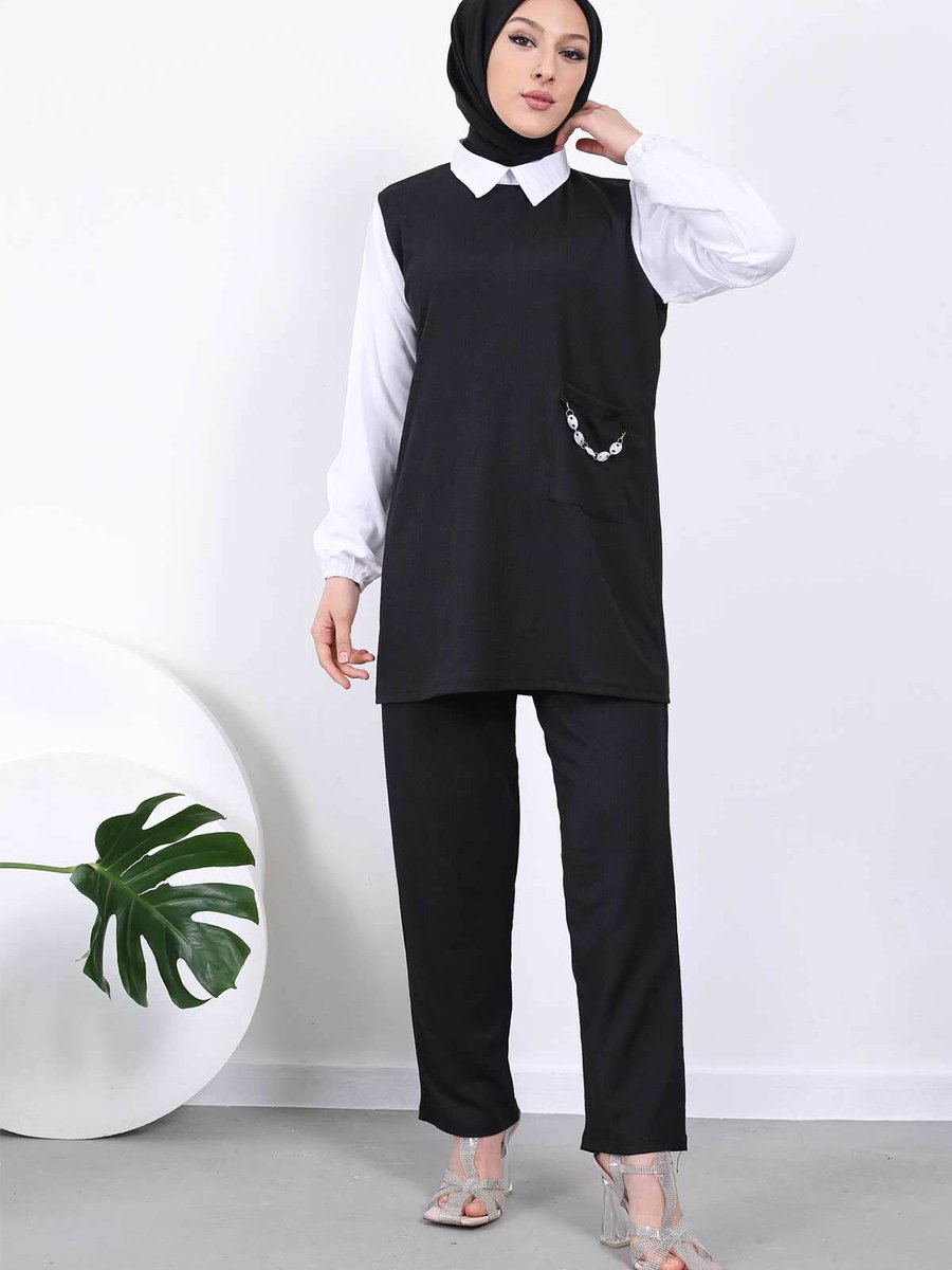 İmajbutik Siyah Cep Zincirli Bürümcük Tunik Pantolon Takım