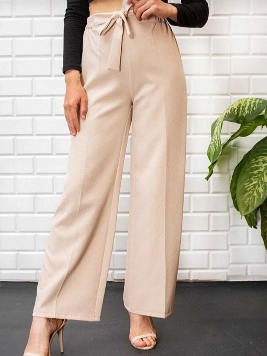 Lucia Fashion Bej Dabıl Kumaş Beli Kuşaklı Bol Paça Pantolon