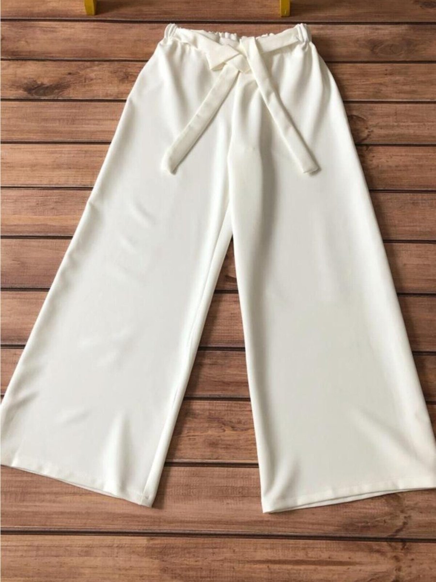 Allmıss Belden Lastikli Ve Kuşaklı Krep Bol Pantolon Beyaz