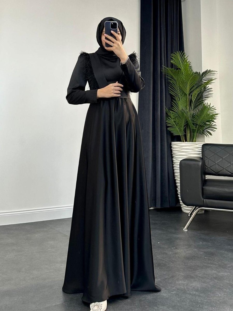 Mervenakyuz Rishi Tüy Detay Saten Abiye Elbise Siyah