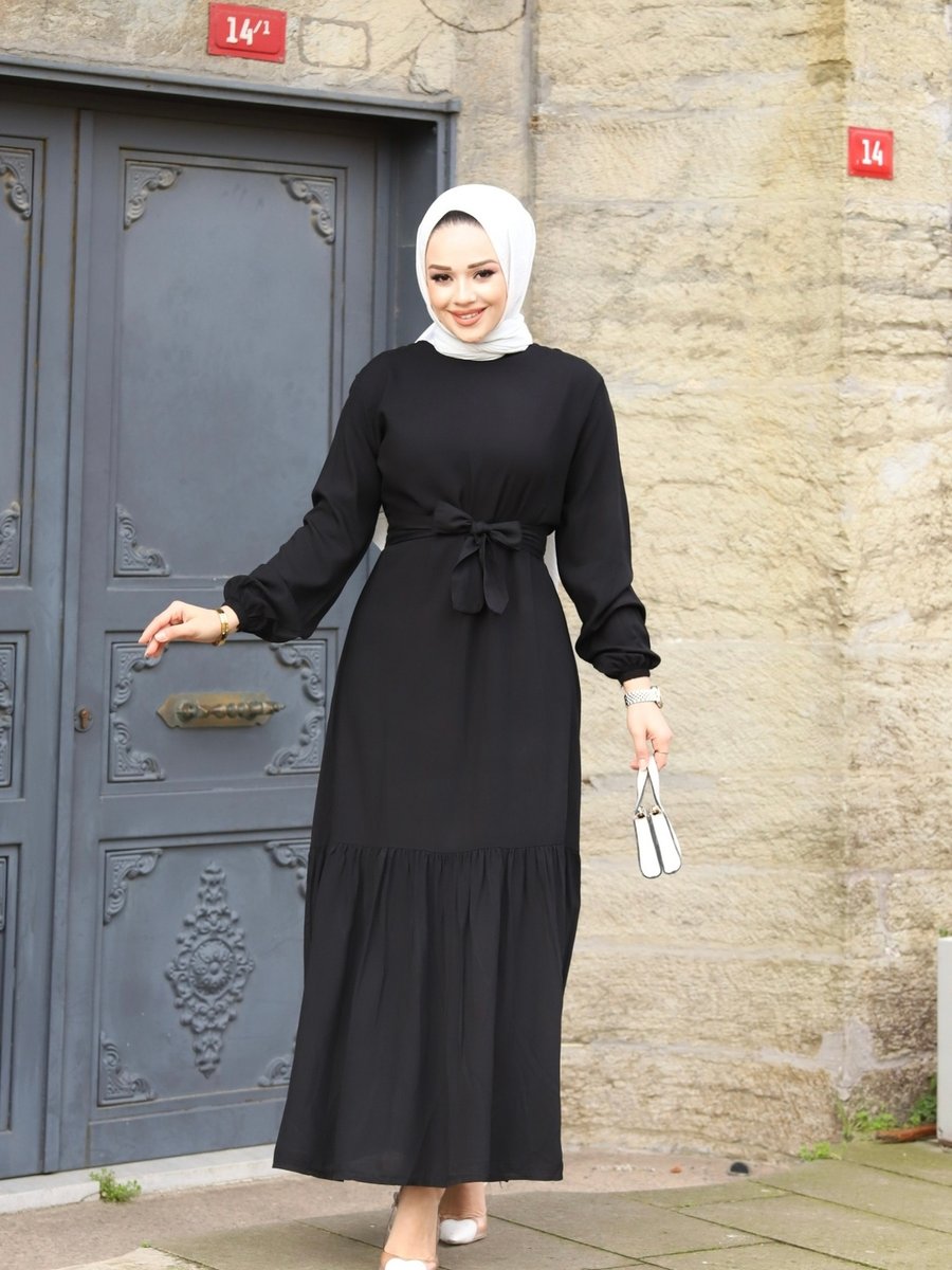 Qumet Kolu Lastikli Kuşaklı Mevsimlik Elbise