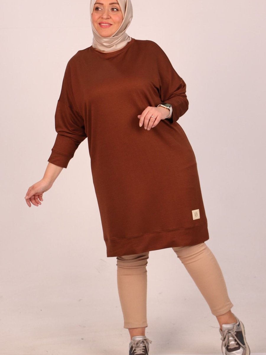 Moda Rosa Kahverengi Büyük Beden Armalı Kristal İki İplik Tunik