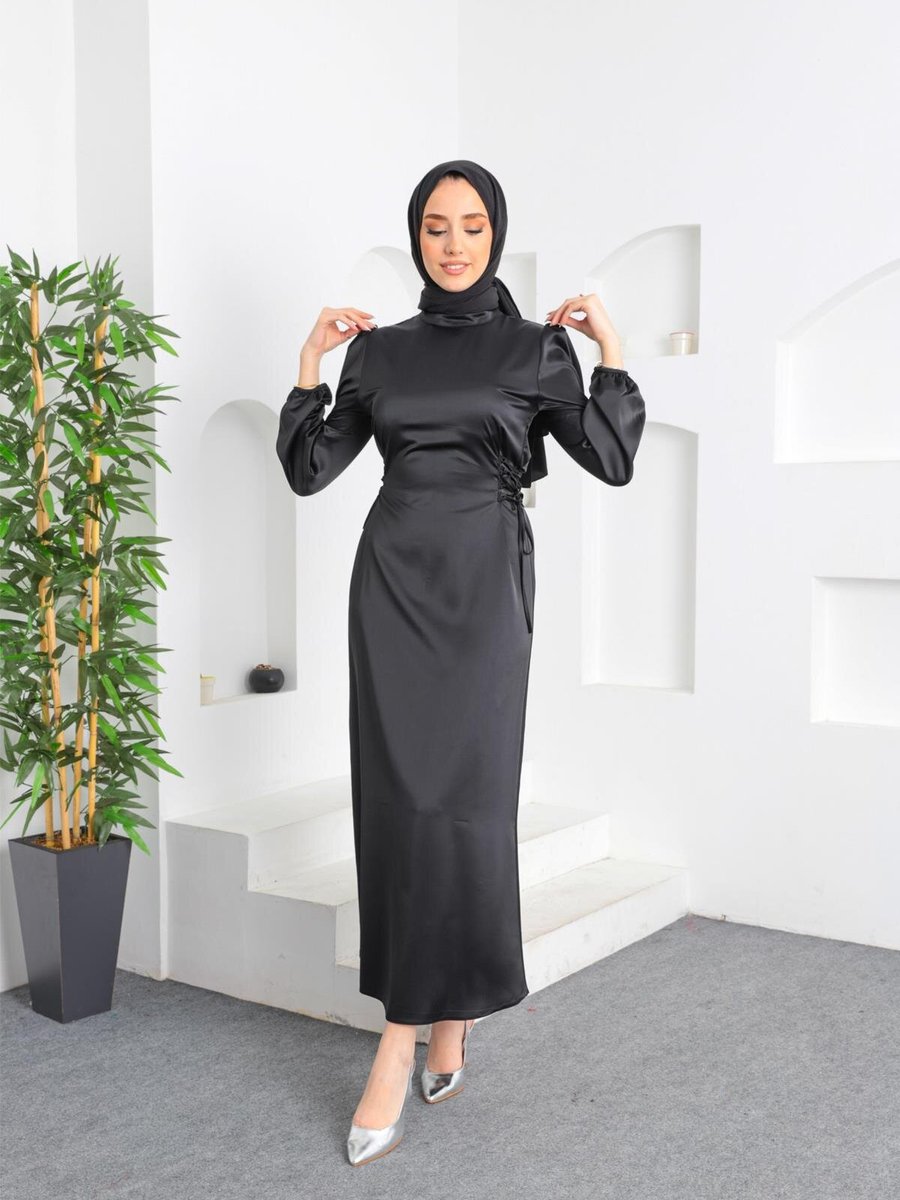 Ensa Tesettür Siyah Zara Saten Abiye Elbise