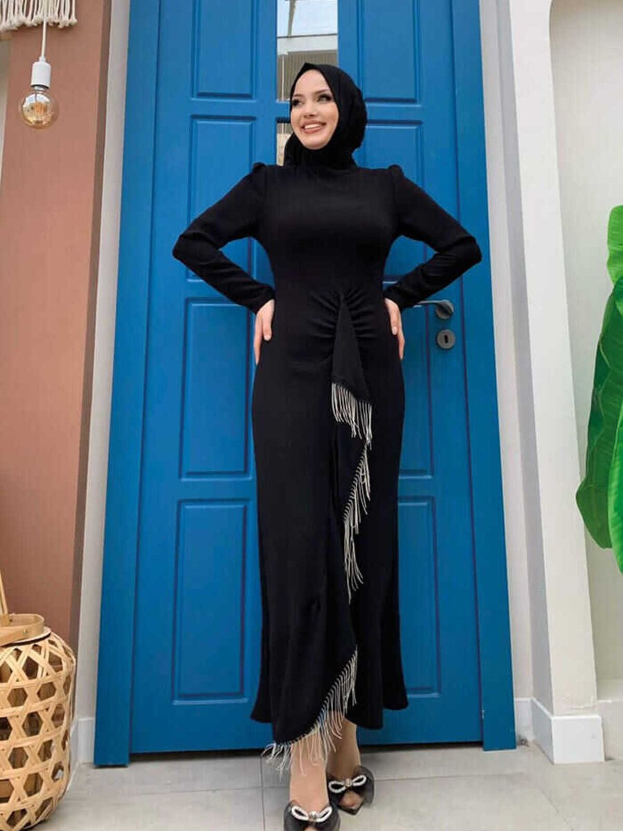 Bym Fashion Ön Zincir Püskül Detay Balık Model Abiye Elbise Siyah