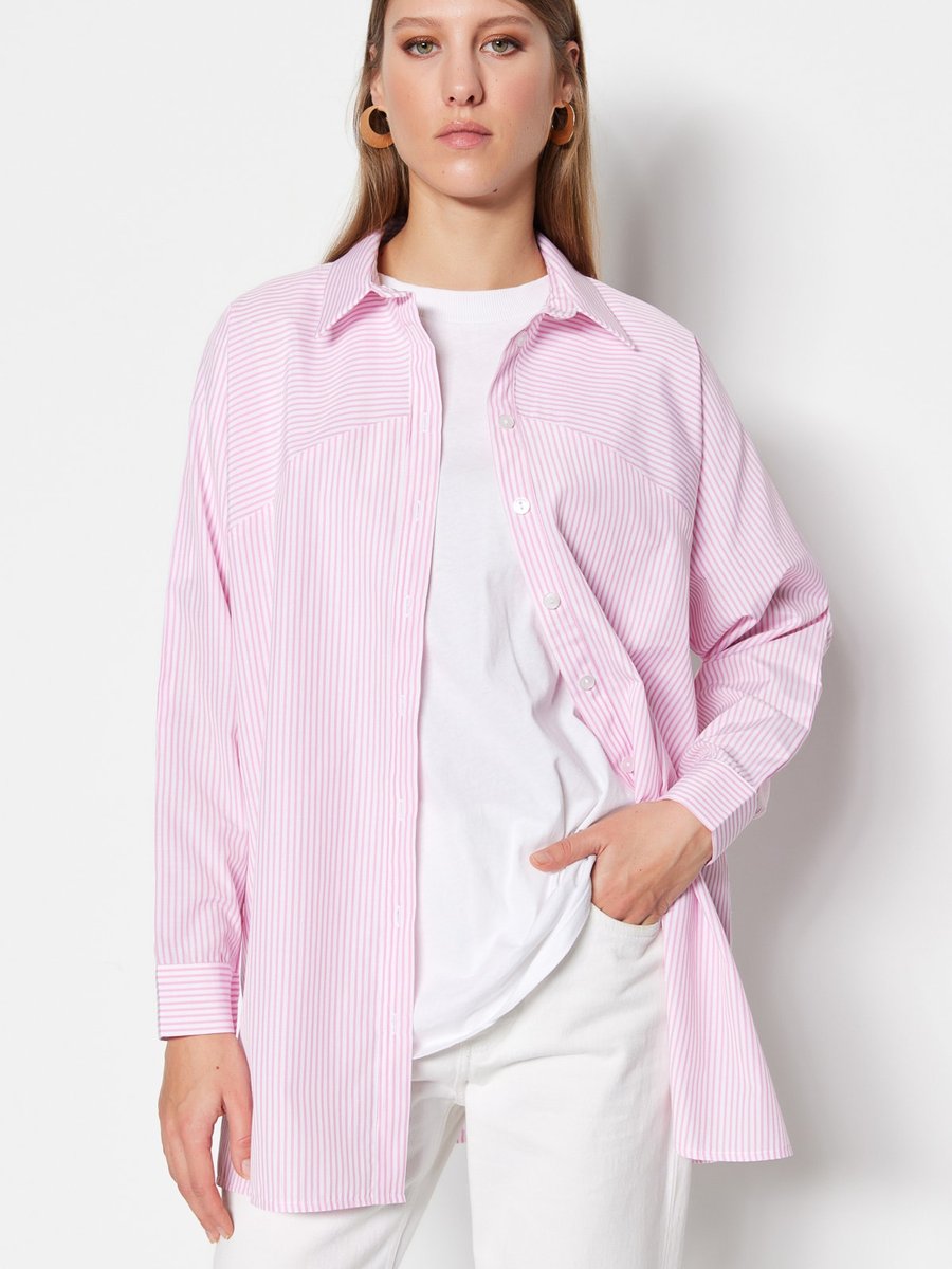 Trendyol Modest Pembe Çizgili Dokuma Pamuklu Gömlek