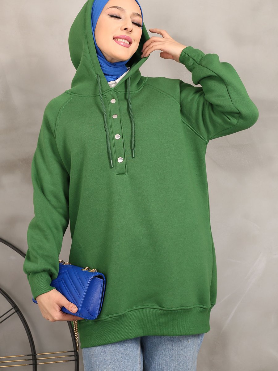 İmajbutik Yeşil Kapüşonlu Üç İplik Şardonlu Sweatshirt