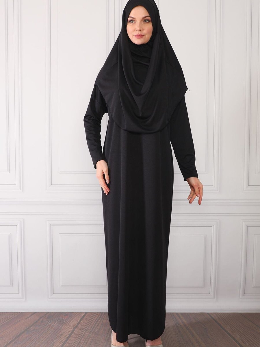 Renda Moda Siyah Tek Parça Boydan Giymeli Düz Namaz Elbisesi