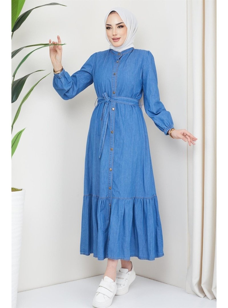 Hafsa Mina Açık Mavi Eteği Volanlı Boydan Düğmeli Kot Elbise