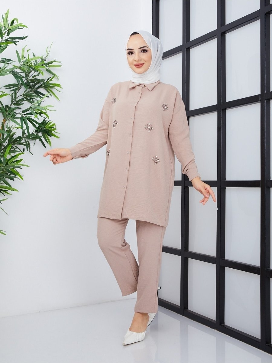 Eck Moda Keten Kumaş Taşlı Alt Üst Takım