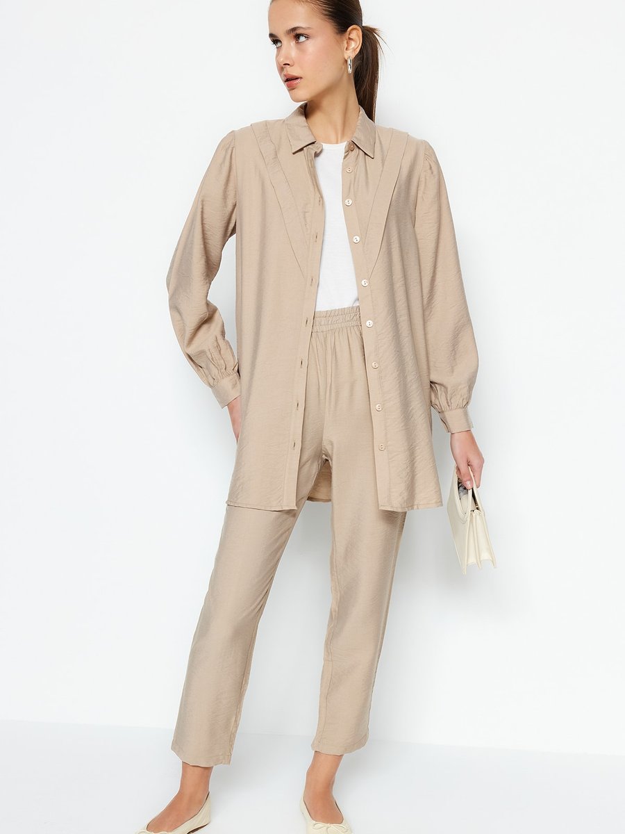 Trendyol Modest Camel Gömlek Pantolon Dokuma Takım