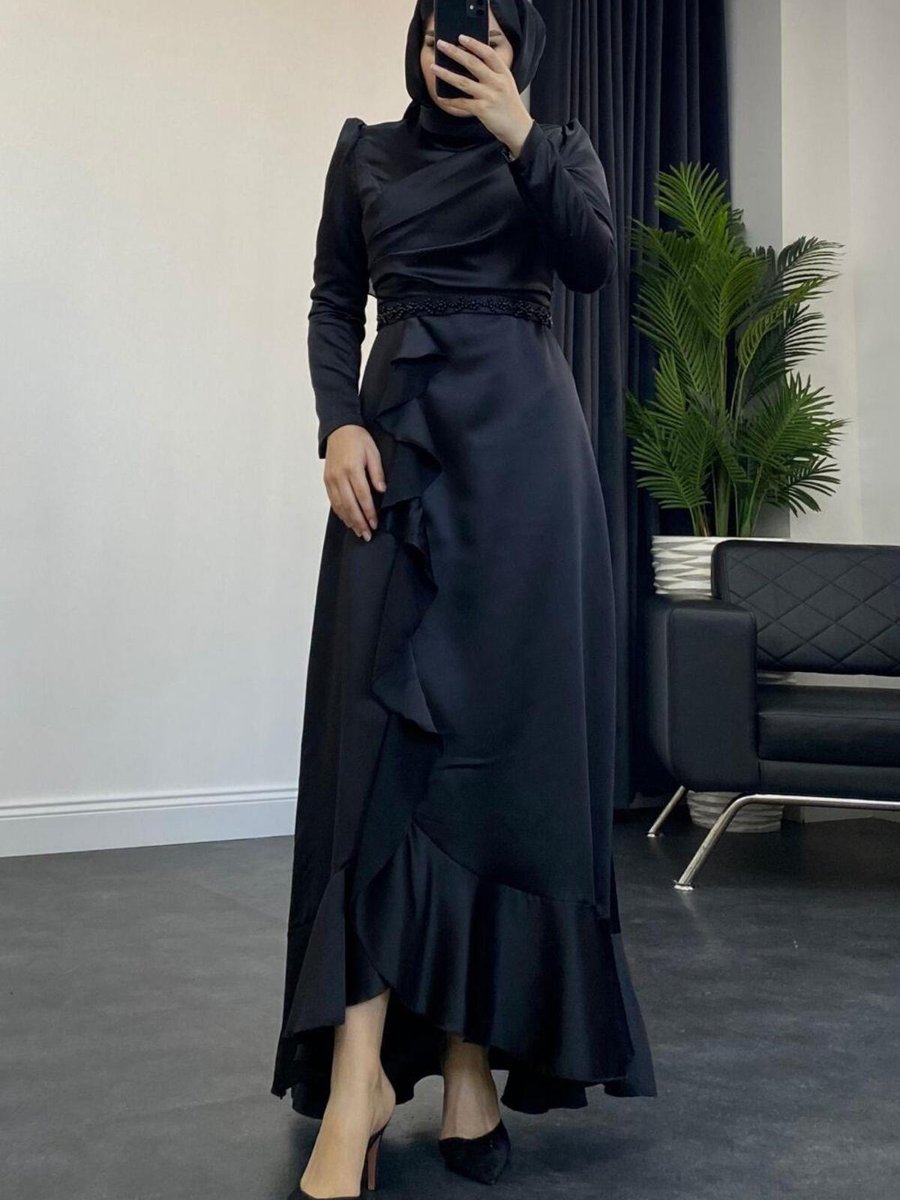 Mervenakyuz Sonya Boncuk İşleme Saten Abiye Elbise Siyah