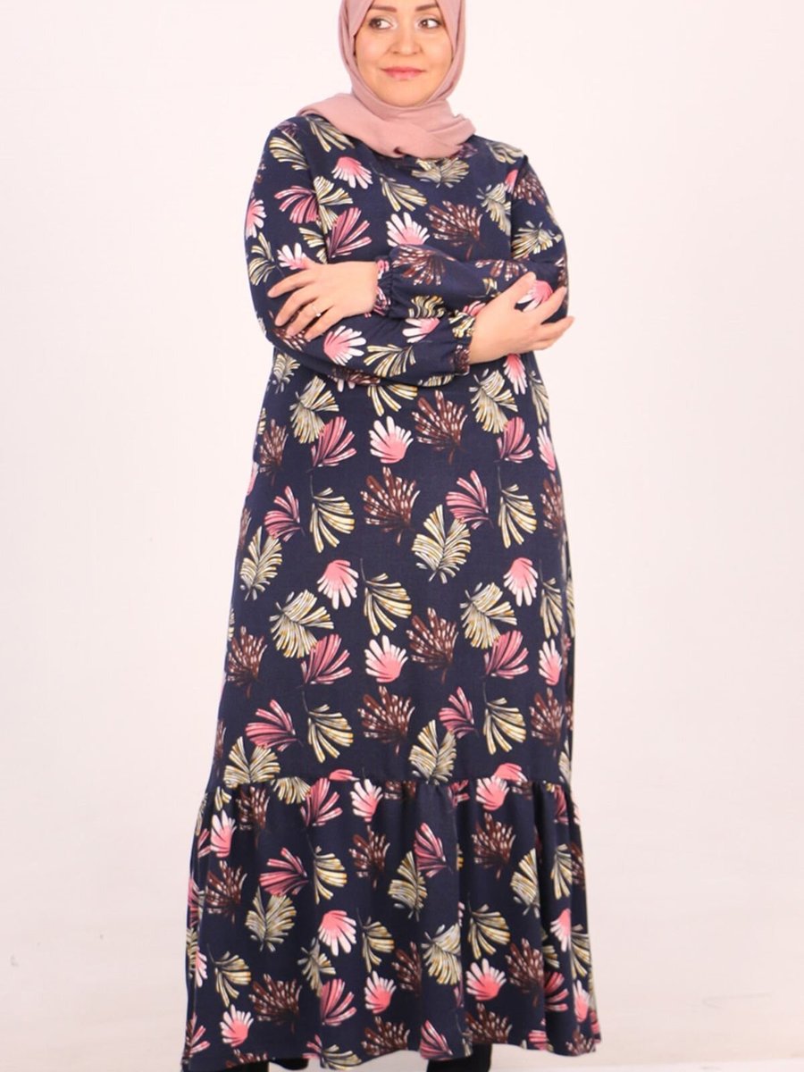 Moda Rosa Yaprak Desen Pembe Büyük Beden Eteği Fırfırlı Kristal Elbise