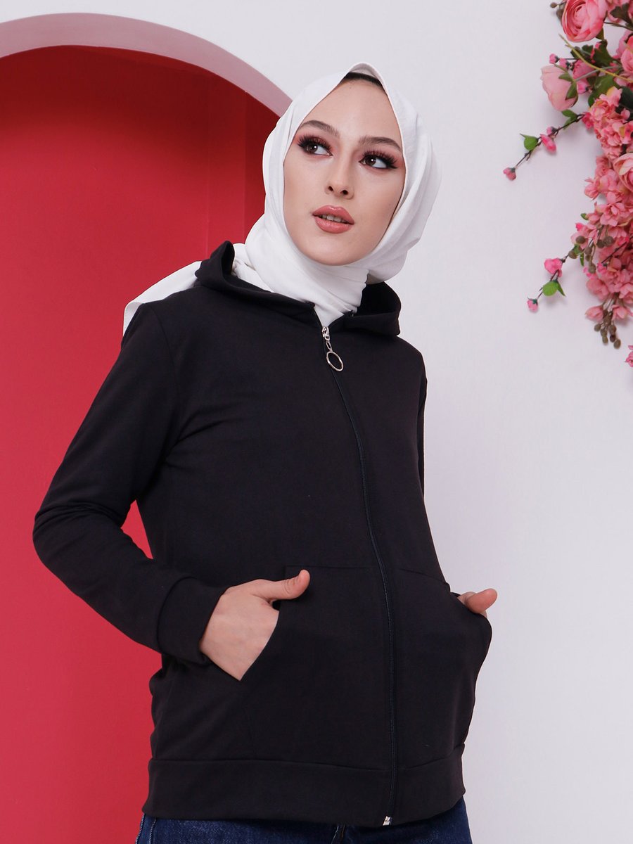 İmajbutik Siyah Kapüşonlu Ön Fermuarlı Cepli Sweatshirt Hırka