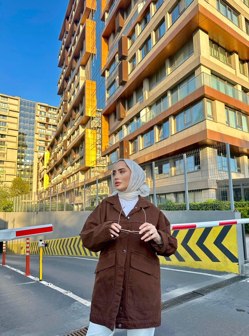 Lurex Moda Kahverengi Çapraz Cepli Oversize Kesim Kolları Lastikli Kot Ceket