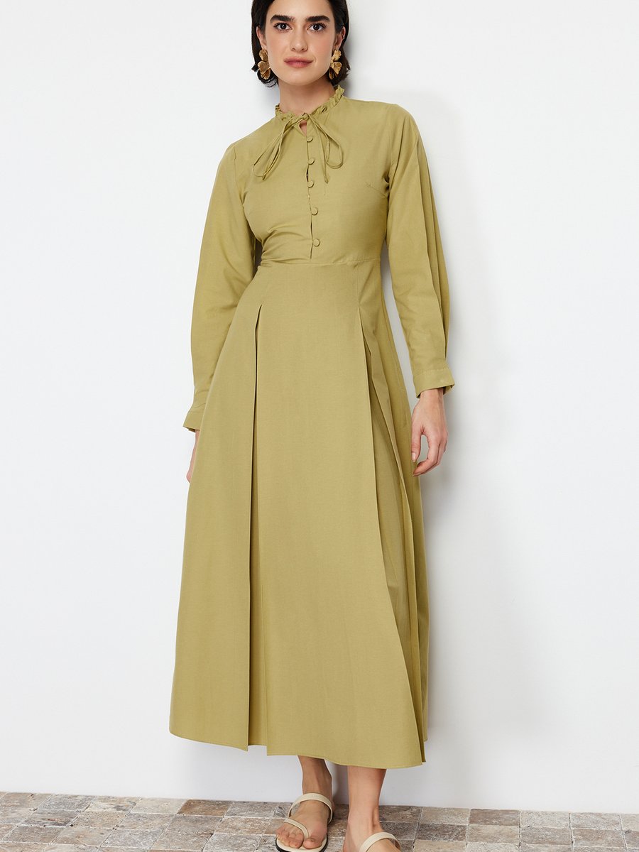 Trendyol Modest Haki Kloş Etekli Pamuklu Dokuma Elbise