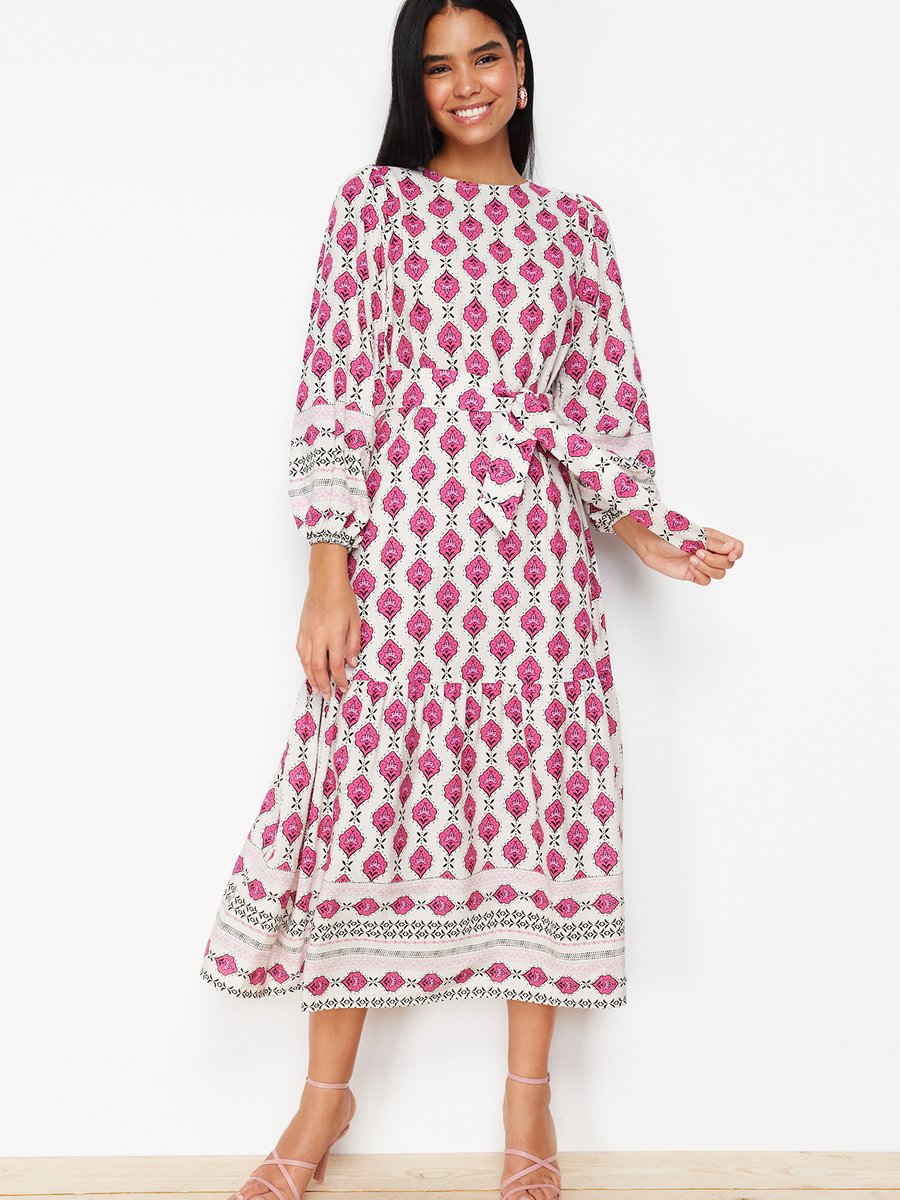 Trendyol Modest Fuşya Etnik Desenli Keten Görünümlü Dokuma Elbise