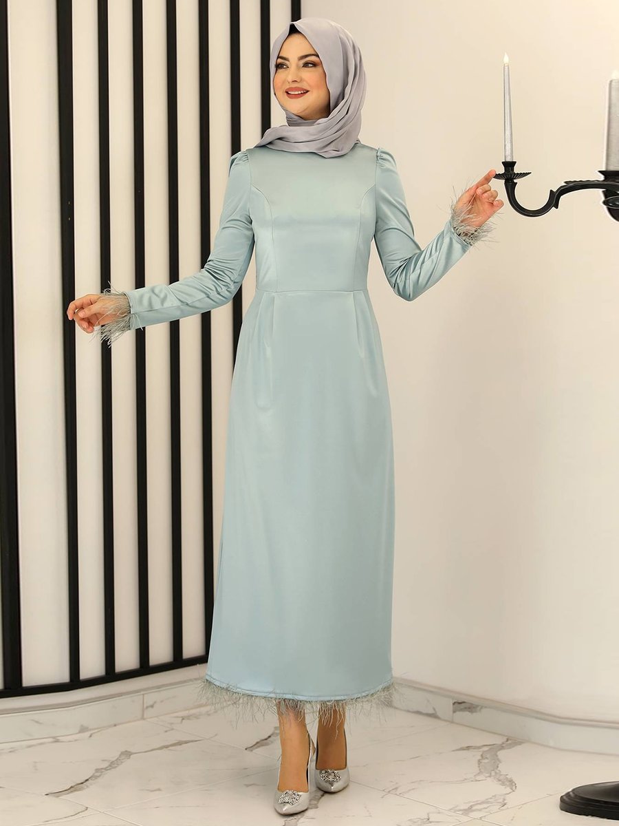 Fashion Showcase Design Mint Yeşili Tüy Detay Saten Kalem Abiye Elbise