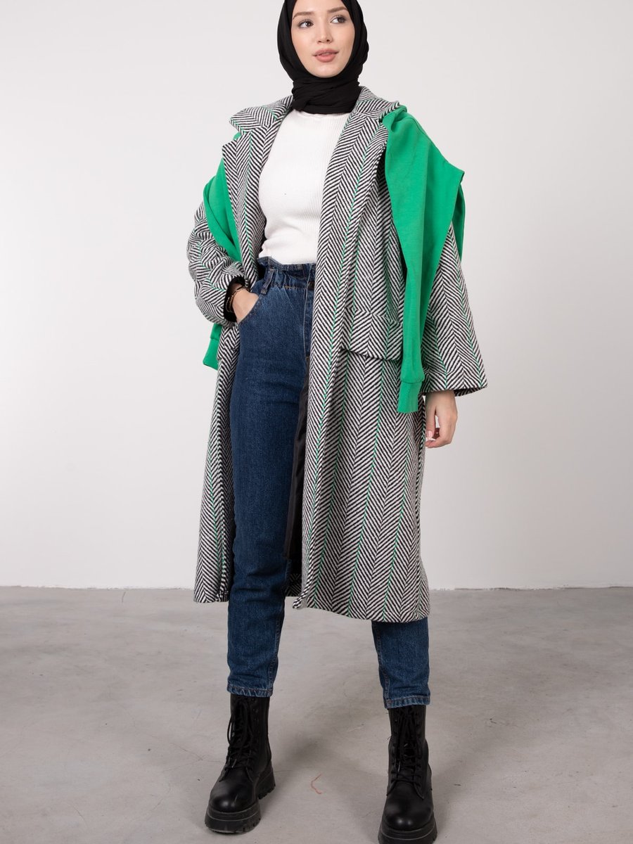 Lamia Giyim Ince Kılçık Çizgili Ceket Yaka Kaşe Kaban Açık Gri