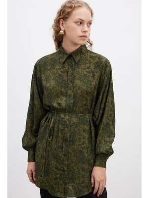 BE BLUE Haki Floral Desen Vıntage Gömlek