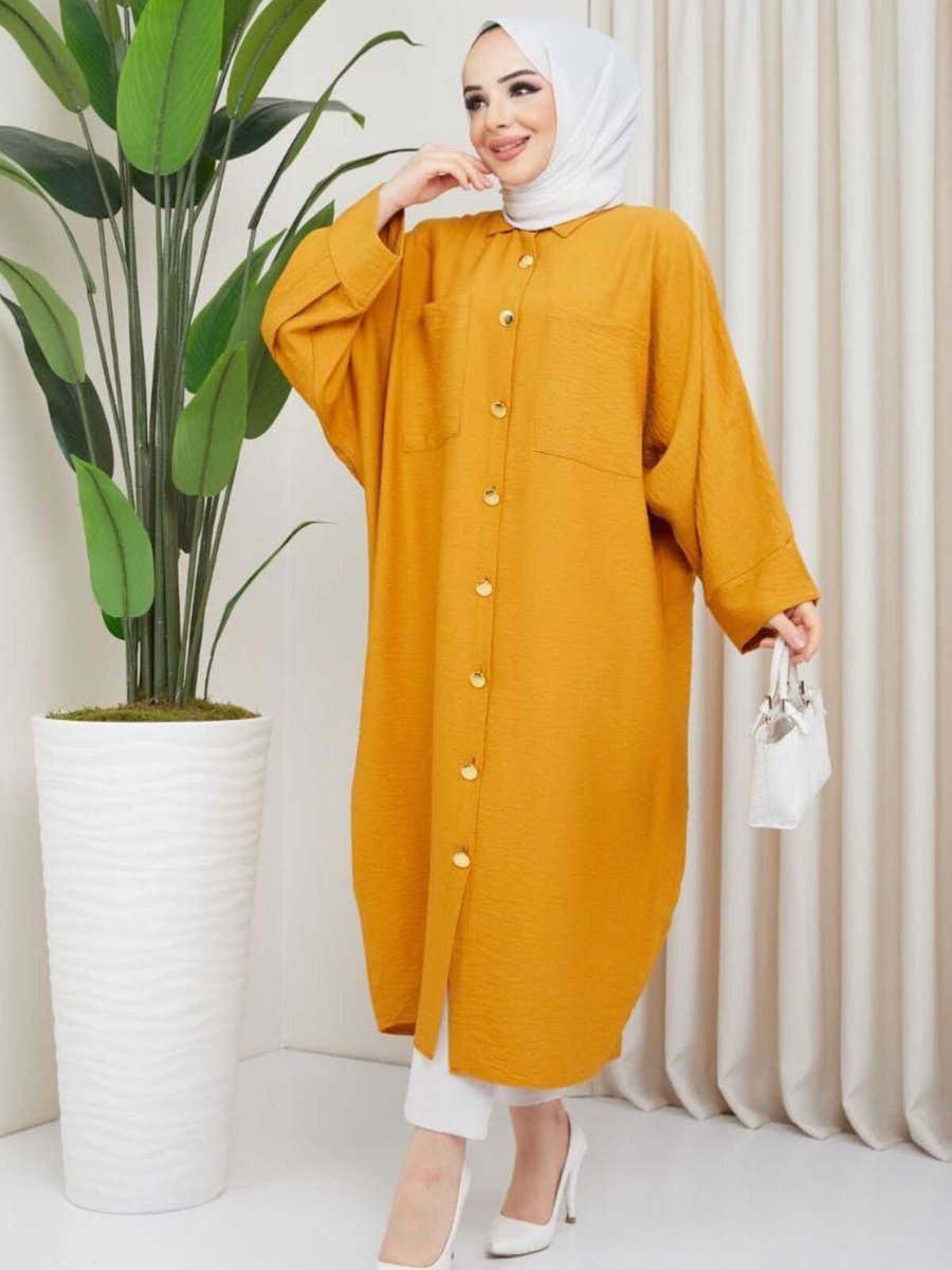 Pasaklı Giyim Hardal Keten Yarasa Kol Büyük Bedene Uygun Salaş Gömlek Elbise Tunik