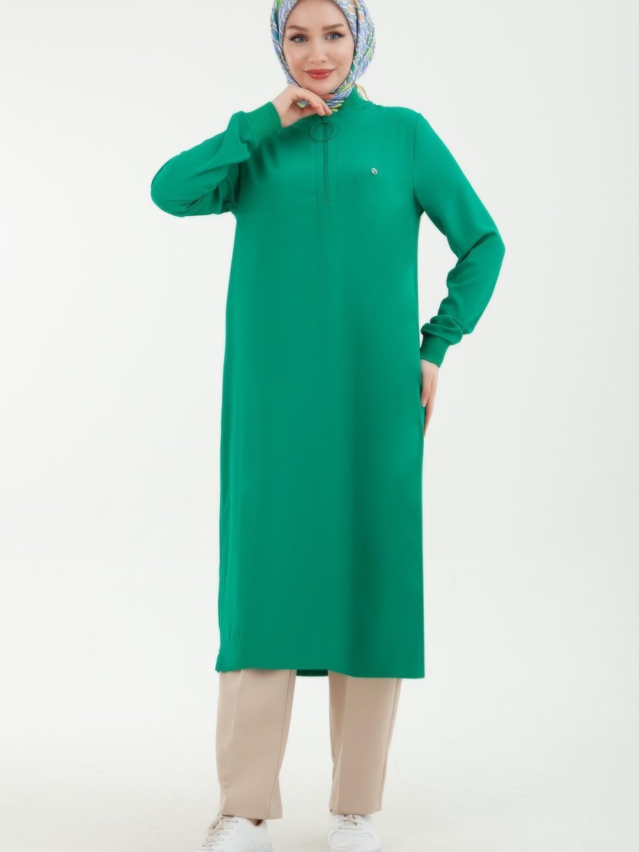 Armine Trend Armi?ne Trend Ribanalı Fermuarlı Krep Kumaşlı Benetton Yeşili Tunik