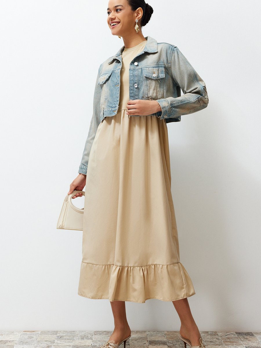 Trendyol Modest Bej Süprem Poplin Eteği Fırfırlı Örme Elbise