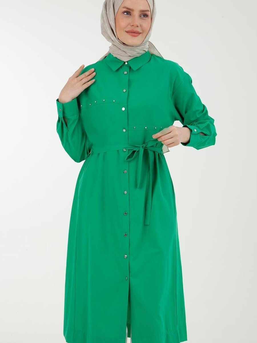 Armine Trend Armine Trend Düğmeli Kolları Manşetli Belden Bağlamalı Tunik Benetton Yeşili