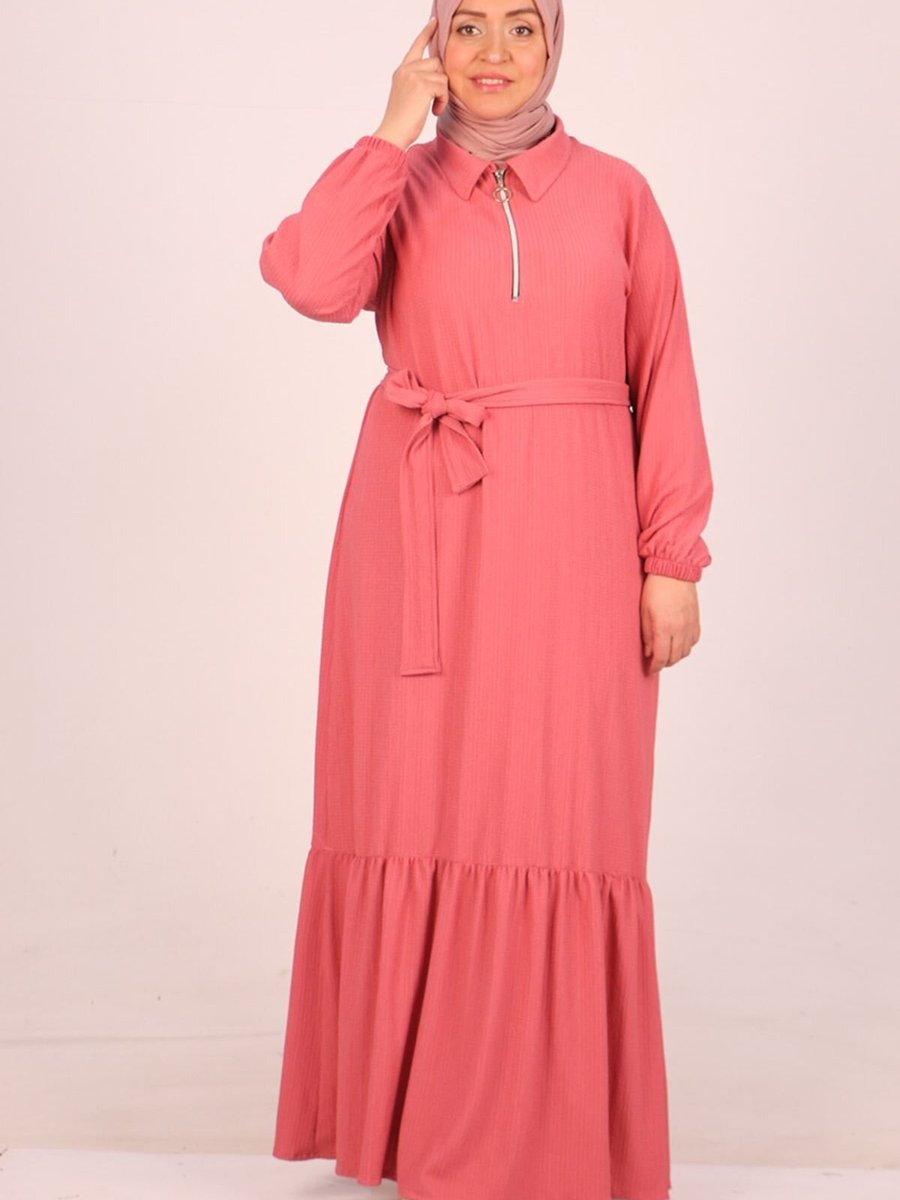 Moda Rosa Gül Kurusu Büyük Beden Bürümcük Kemerli Elbise