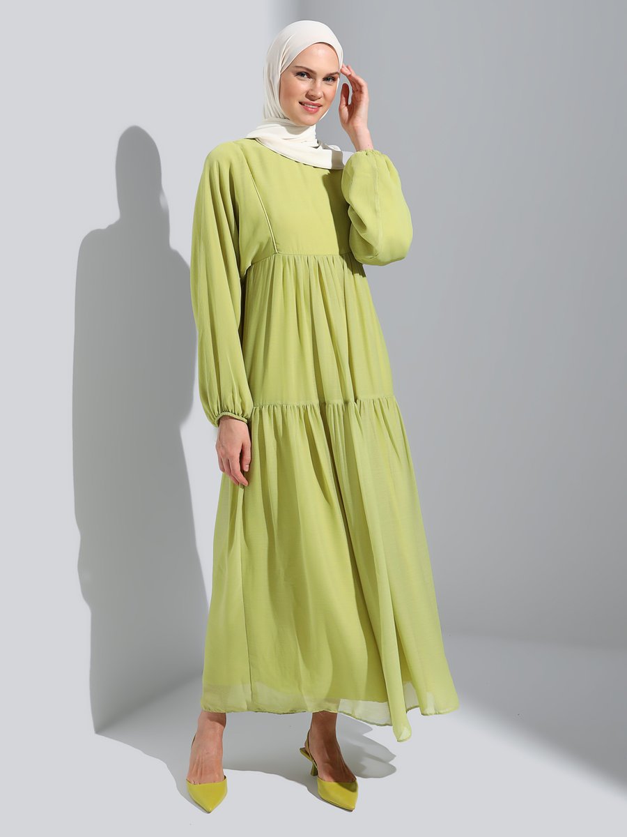 Refka Yağ Yeşili Biye Detaylı Astarlı Şifon Elbise