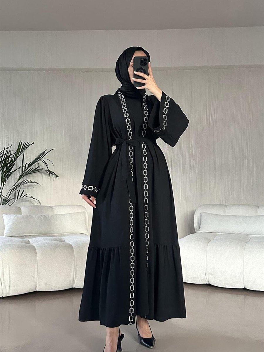 Sawosh Zincir Detay Abaya Elbise Siyah