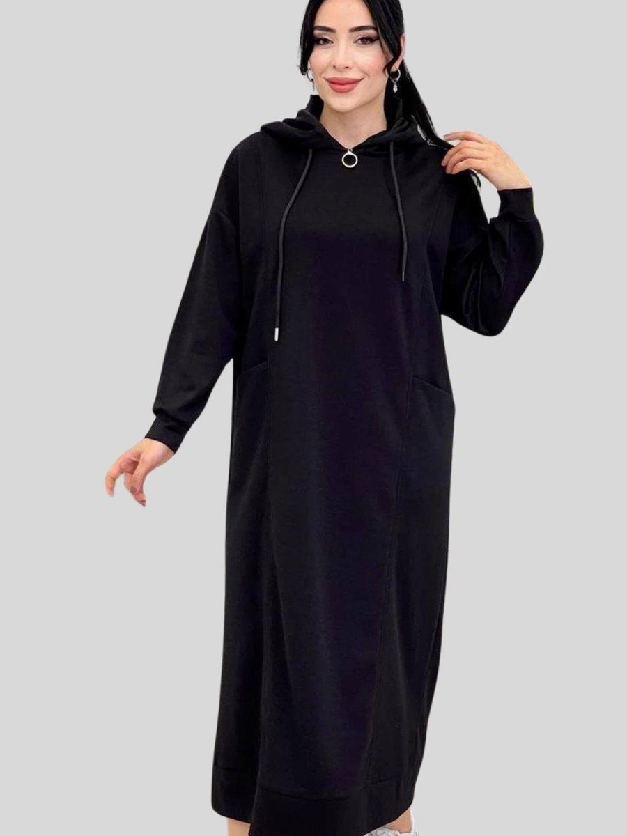 ESSE Siyah Yakası Fermuarlı Dik Yaka Kapüşonlu Uzun Spor Elbise