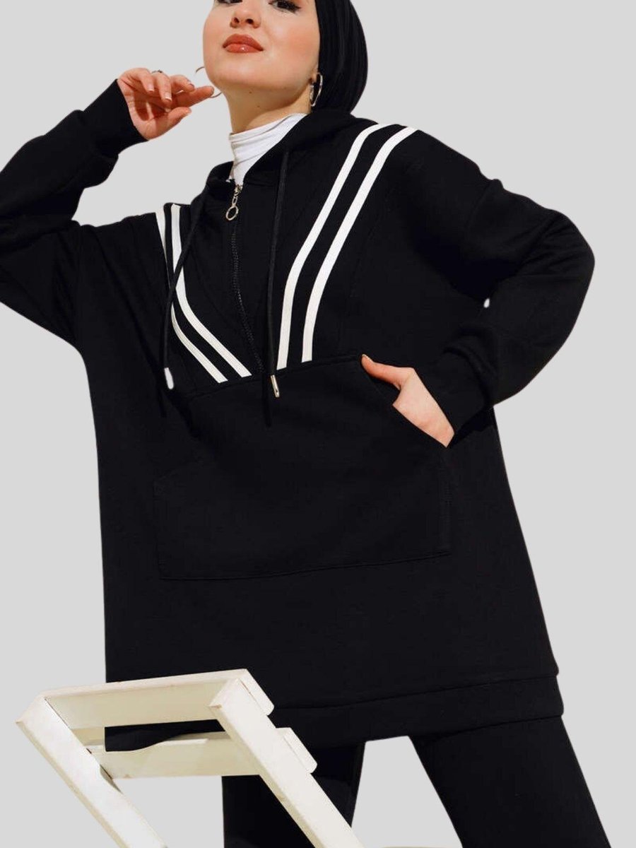 ESSE Siyah Oversize Yaka Fermuarlı Tunik Takım