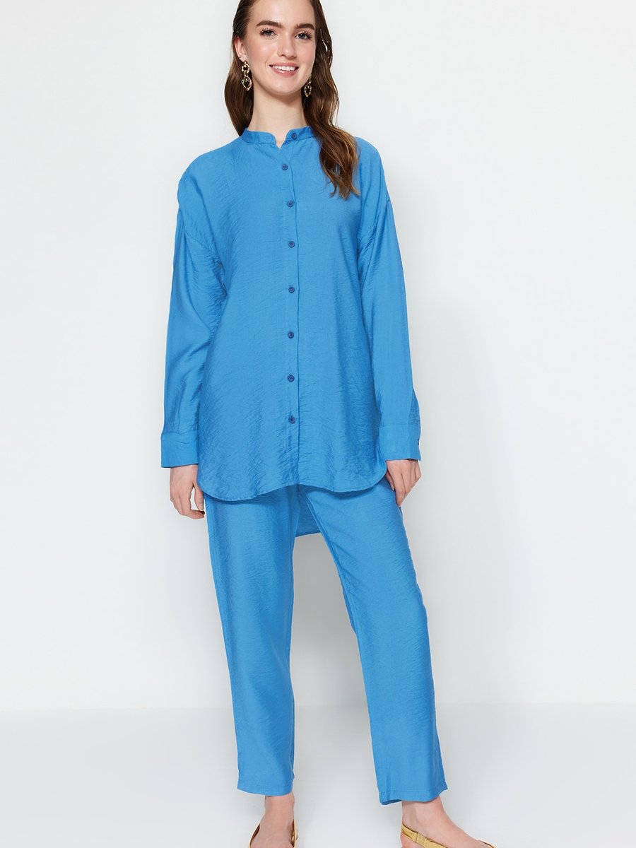 Trendyol Modest Mavi Dokuma Aerobin Gömlek Pantolon Takım