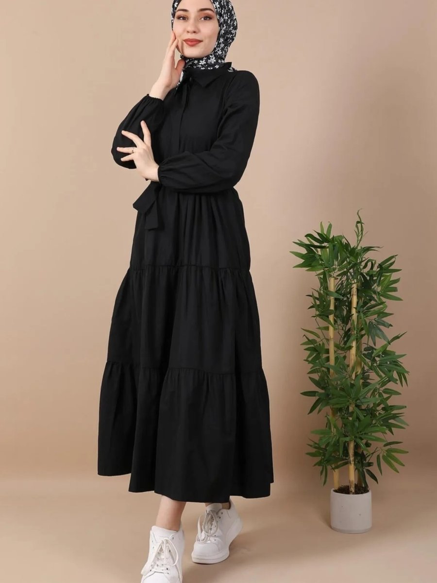 Netclass Standart Yaka Düğmeli Kuşaklı Siyah Elbise