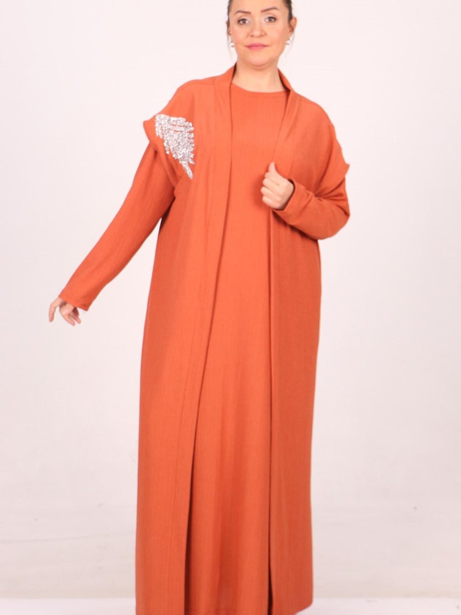 Moda Rosa Kiremit Büyük Beden Taş Detaylı Bürümcük Yelek Takım Elbise