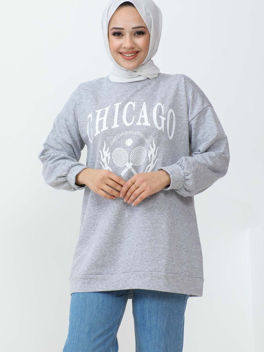 İmajbutik Gri Tenis Baskılı İki İplik Sweatshirt